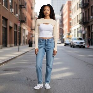 Re_Styld Cream Ribbed Long Sleeve Over-Shirt Top, Size 2